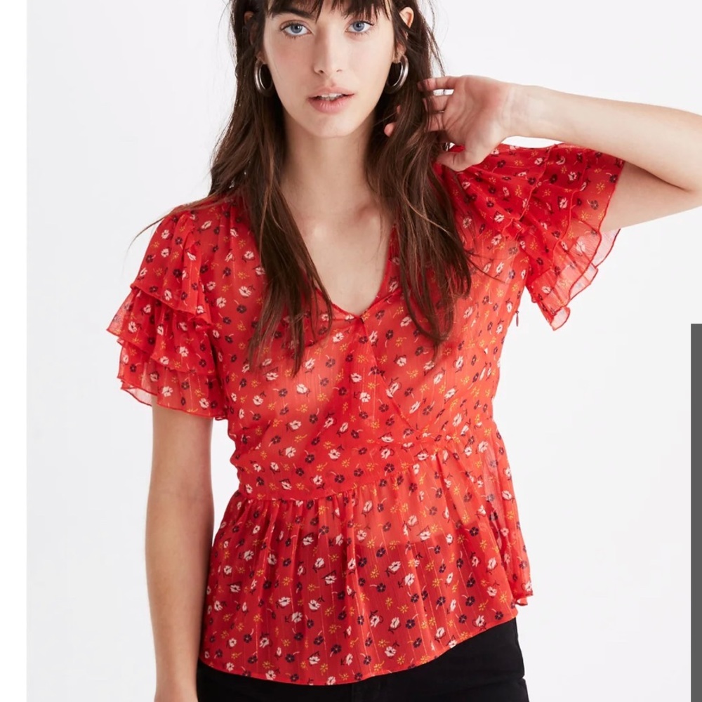 NWOT Madewell Blouse Red Ruffle Sleeve